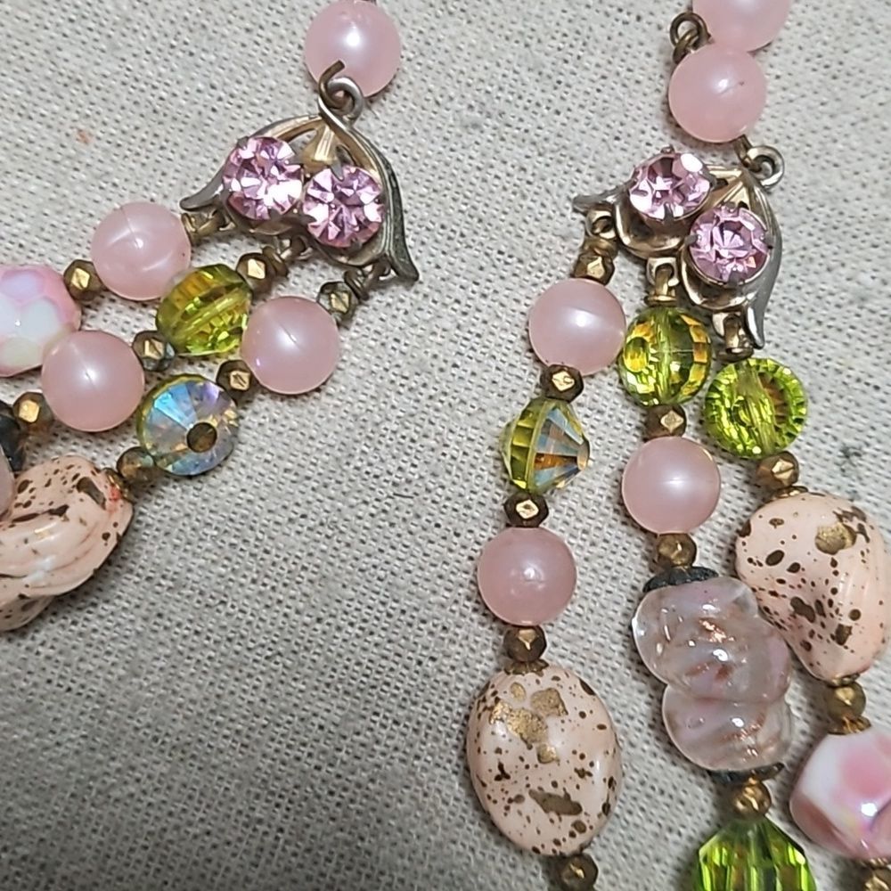 Vintage 60s Regency Signed Rare Gilt Pink Art Glass Rhinestone Crystal Necklace - Picture 7 of 8